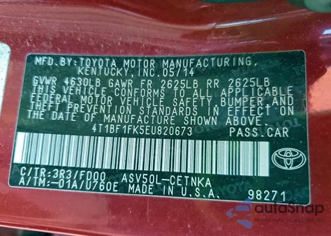 2014 Toyota Camry L from USA, damaged, VIN 4T1BF1FK5EU820673